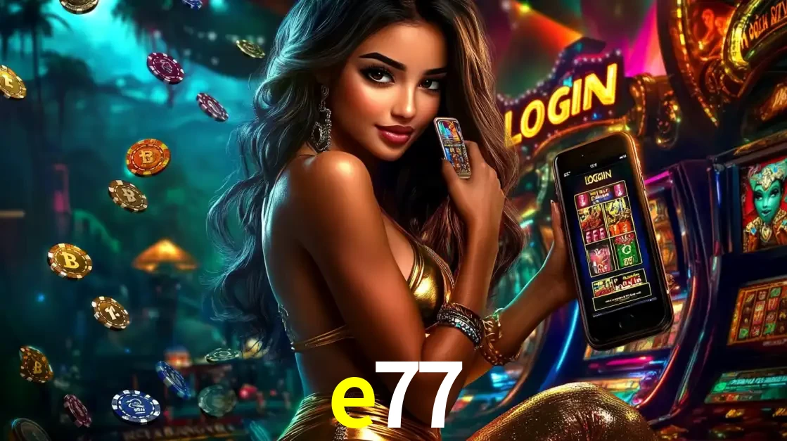 Mulher em um cenário de cassino temático de aventura, mostrando o app de caça-níqueis da e77 no celular. Fichas de apostas flutuam ao redor.