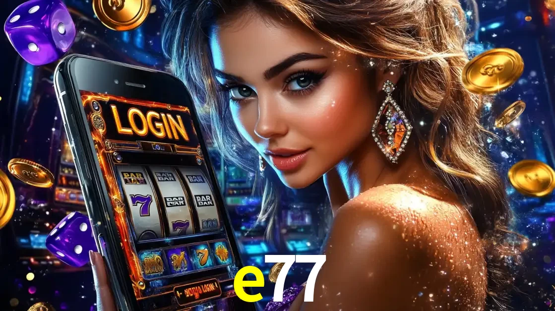 Mulher glamorosa segurando um smartphone com a tela de login para os jogos de caça-níqueis do cassino online e77, com moedas de ouro e dados ao redor.