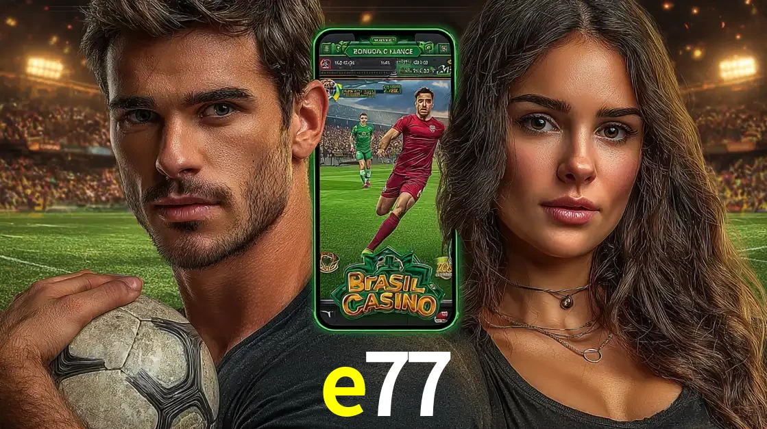 Homem segurando uma bola de futebol e uma mulher ao lado de um smartphone exibindo o jogo de apostas esportivas da e77. Faça seu palpite no cassino online.